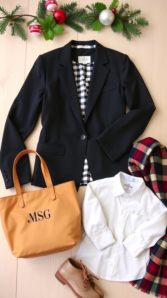 Flat lay of preppy Christmas wishlist items including a blazer, tote bag, and scarf on a wooden surface with holiday decorations.